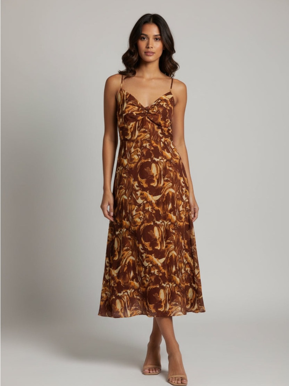 Brown Floral Maxi Slip Dress with Twisted Bodice